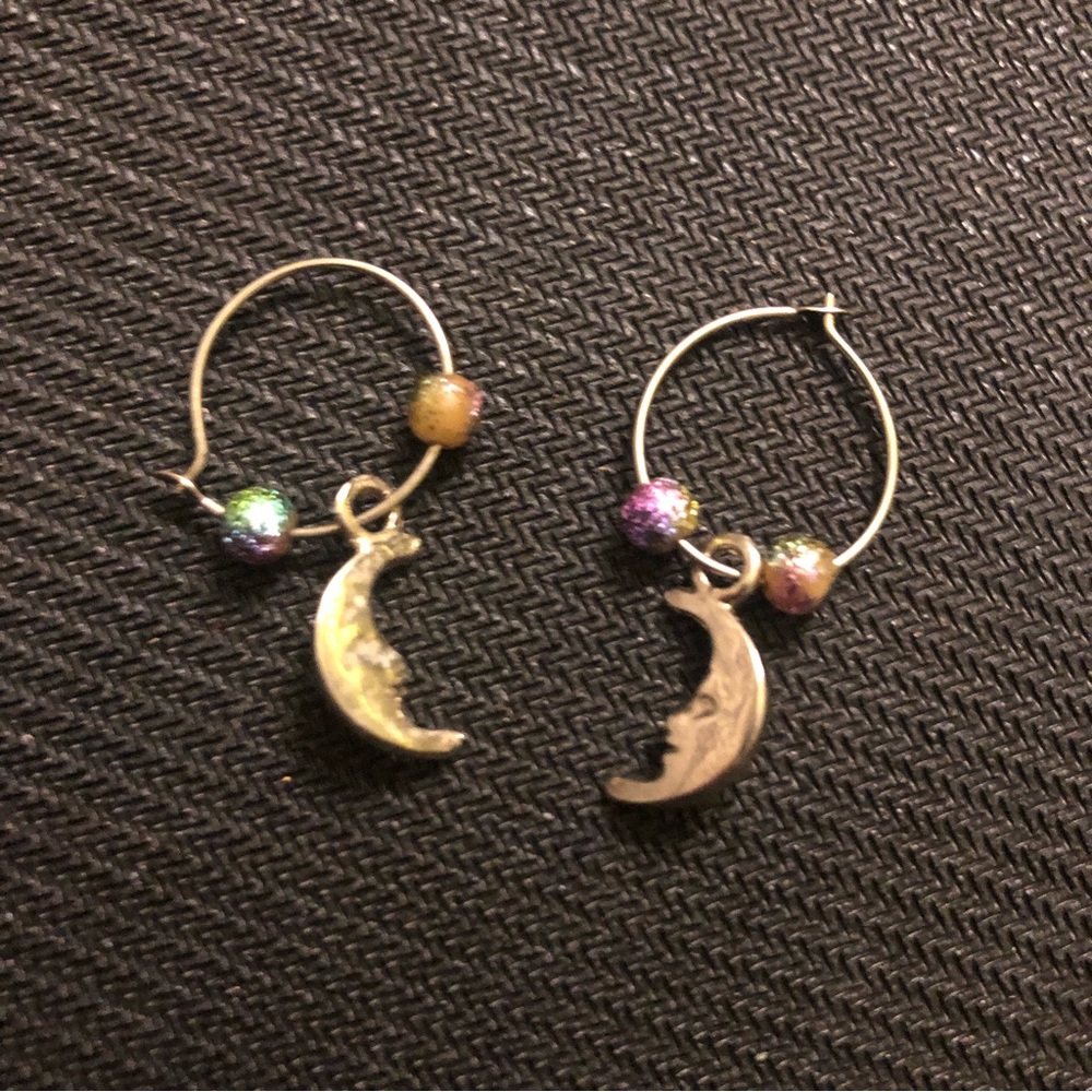 Dainty handmade crescent moon dangling mini hoops with galaxy balls